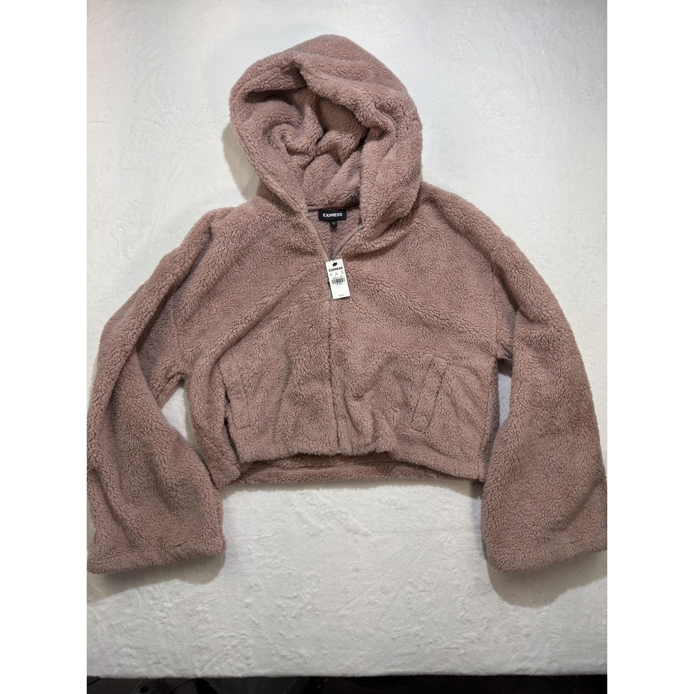 Express Jacket Womens Large Pink Fuzzy‎ Sherpa Teddy Hooded Zip Cropped Jacket
